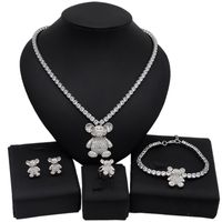 Yulaili Charm Silver Color Necklace Jewelry Sets For Women Full Crystal Pendant Teddy Bear Bracelet Stud Earrings Ring Fashion Jewellery Gifts