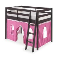 US Stock Roxy Twin Wood Junior Loft Letto con mobili per caffè espresso con tenda inferiore rosa e bianca Pink206F