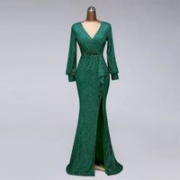 Green Prom Dresses V Neck Lace Sequined Side Split Sexy Evening Dress Plus Size Long Sleeve Mermaid Party Gowns