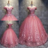 Rosa Bröllopsklänningar Sweetheart Appliqued Lace Princess Chic Bridal Gowns Backless Sweep Tåg Ruched Soft Tulle Robes de Mariée Custom Made