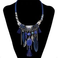 Bohemian Fashion Silver Plated Leather Chain Resin Beads Natrual Stone Feather Tassel Choker Necklace for Women Jewelry