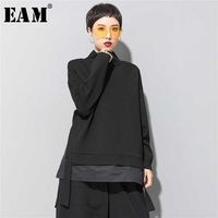 [EAM] Loose Fit Asymmetrical Oversized Sweatshirt High Collar Long Sleeve Women Big Size Fashion Spring Autumn 19A-a124 220118