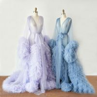 Zarif Ruffles Tül Annelik Törenlerinde Gelin Alçakları Uzun Kollu Illusion Pijama Bornoz Nightgowns Kadınlar için Photoshoot