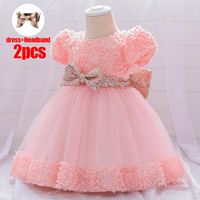 Girl's Dresses PLBBFZ Send Headban Pink Sequin Baby Girl Dress First Birthday For Christening Big Bow Party Wedding Princess Dresse