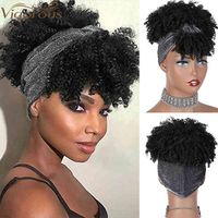 Hair Synthetic Wigs Cosplay Vigorous Synthetic Curly Headband Wigs Short Black Kinky with Bangs Afro Puff for Women Head Wrap 220225