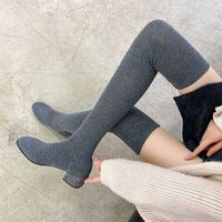 Kadın Diz Üzerinde Çorap Botları Örme Sivri Burun Elastik Ince Kadın Uyluk Yüksek Düz Botas De Mujer Ayakkabı 220111