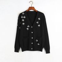 Роскошный дизайнерский бренд вязаный свитер для женщин V шеи горный хрусталь бисером пчелы Cardigan Black11