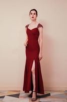 2022 Elegant V-Neck Capped Sleeves Women Prom Dresses Mermaid Ankel Length Beaded Appliques Straps Red Evening Dresses Hollow Back Zipper Formal Banquet Wear Robe