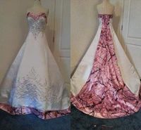 Roze Camo Trouwjurken Borduurwerk Beaded Crystal Bridal Jurken Witte Satijn Realtree Bruidsjurken met Lace Up Back Court Train