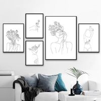 Black White Simplicity Line Dibujo Pósters e impresiones Abstracto Flor Mujer Ilustraciones Lienzo Pintura Arte de la pared Imagen Decoración del hogar1