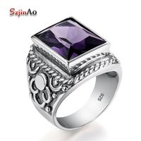 Real 925 Sterling Silver Heavy Signet Rings Men&#039;s Massive Amethyst 12*16mm Stone Party Male Vintage Jewelry Gift For Husband Top 220113
