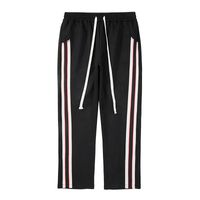 Siyah ve Kırmızı Çizgili Rahat İpli Pantolon Erkek Düz Renk Maç Gevşek Boy Streetwear Çift Pantolon