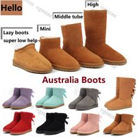 Designer kvinna päls australien stövlar kvinnor klassisk snö boot australiensisk vinter varm furry båge satin ankel booties fluffy tofflor bowtie lady girls skor