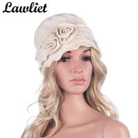 Lawliet Winter Cap Women Beret 1920s GATSBY Style Solid Two Flowers Beanie Wool Hats for Women Ladies Bucket Crochet Hat A285 220111