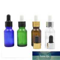 15ml verde / azul / marrón / transparente Botella de vidrio con collar de aluminio Bombilla negra blanca para aceite esencial Embalaje de piel líquida