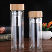 Bamboo Cover Water Bottle Double Deck Office Glass Cup Coffe...