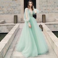 2021 Korea Tulle A Line Long Prom Dress Puff Sleeve V Neck Floor Length Party Gowns Lady Formal Dress Vestido De Gala