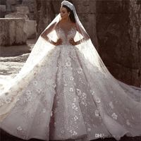 Glamorous Luxo Dubai Árabe Vestidos de Bola Árabe Vestidos Novos Lace Mangas Longos 3D Flores Beading Bidal Vestidos Robes de Mariée