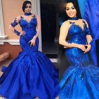 Royal Blue Plus размер русалки выпускные платья высокой шеи с длинными рукавами с длинными рукавами Кружева Аппликация Бусины Саудовская Аравия Вечерние платья Формальное платье