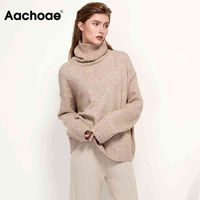 Aachoae Autumn Winter Women Knitted Turtleneck Wool Sweaters 2021 Casual Basic Pullover Jumper Batwing Long Sleeve Loose