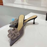 Crystal Flower Runway Women Slippers Diamond Studded Pointy Toe Thin High Heel Banquet Sandals Sexy Shiny Summer Party Slipperss size 35-40