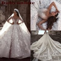 Glamoureuze luxe Dubai Arabisch Nieuwe Kant Baljurken Trouwjurken Lange Mouwen 3D Bloemen Kralen Trouwjurk Bruidsjurken BC0151