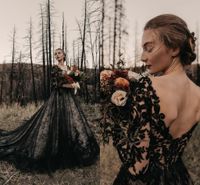2021 Black Lace Böhmische Brautkleider mit Illusion Lange Ärmel V-Ausschnitt V Offene Rücken langer Zug Formale Kleid Frauen Brautkleider Kleider