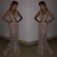 Sexy Modèle arabe dentelle sirène robes de soirée long 2022 paillettes scintillantes argent doré pageant robes de robe femme paillettes robe cocktail
