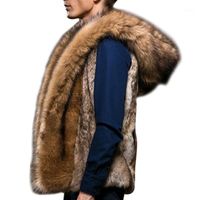 Men's Vests 2021 Winter Luxury Fur Vest Warm Mens Sleeveless Jackets Plus Size Hooded Coat Fluffy Faux Jacket Chalecos De Hombre 3XL1