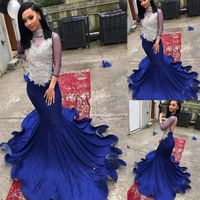 Prom Dress Long Sleeves Sexy Sheer Beaded Sequins Appliques Lace Mermaid Elegant Royal Blue Evening Dress CD016