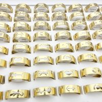 Großhandel 100 stücke Edelstahl Band Ringe für Männer Lasergeschnittene Mischmuster Modeschmuck Damen Ring Größe 17-21mm Golden plattiert