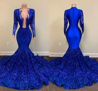 Sexy African Royal Blue Prom Dresses 2022 Sheer Neck Sealley Black Girls Mermid Abiti da partito per le donne Abbigliamento da sera Sweep Tarin