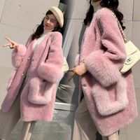 Kış Koyun Makası Kürk Ceket Kadınlar Kalın Sıcak Faux Kürk Ceket Kaban Bayan Uzun İnce Koyun Makası Parka Pembe Mont
