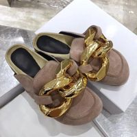 Kadın Altın Zincir Dekor Yuvarlak Ayak Düz Mules Tembel Loafer'lar Ayakkabı Açık Hakiki Deri Rahat Terlik Kadın Ayakkabı