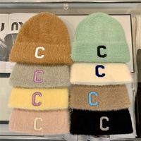 Autumn and Winter C Letter Embroidery Plush Knitted Hat Fashion All-match Warm Ear Protection Hat European and American Popular