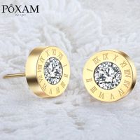 Stud POXAM Fashion Roman Numeral Round Crystal Small Earrings For Women Man Personality Statement Cubic Zirconia Ear Jewelry