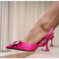 Marka Kadınlar Lüks Kristal Slingback Pompalar Yüksek Topuklu Yaz Gelin Ayakkabı Rahat Üçgen Topuklu Parti Düğün 220114