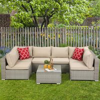 US-Lager-HIFINE-Outdoor-Garten-Terrasse-Möbel-Set 7-teiliger PE-Rattan-Wicker-Sektion gepolsterte Sofa-Sets mit 2 Kissen und Coffe223M