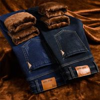 Winter Men's Quente Slim Fit Calças de Jeans Negócios Moda Engrossar Denim Calças Fleece Stretch Calças Preto Azul 220118