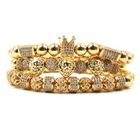 Handmade Jewelry Luxury Men's 3Pcs Set Elastic 18K Gold Plated Copper Bead Lion Head Royal Crown Bracelet Set