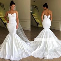 Novas vestidos de casamento de sereia branca vestidos nupciais cintas espaguete lace applique varrer trem vestido de novia