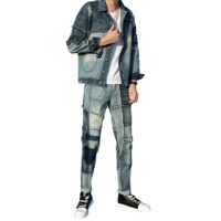 새로운 tracksuits 패션 스타일 파란 남자 세트 스플 라이스 데님 재킷 및 청바지 두 조각 세트 가을 겨울 긴 소매 망 클루