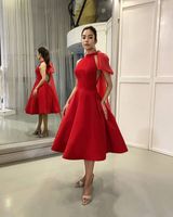 Çay Boyu Kırmızı Örgün Abiye 2022B Halter A-Line Zarif Kadınlar Gece Parti Elbiseleri ile Cepler Abiti da Cerimonia