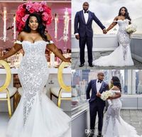 2021 vestidos de casamento de sereia plus size off ombro vestidos nupciais varrer treinar tulle laço vestido de noiva africano feito sob encomenda