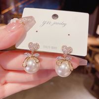 S2744 Fashion Jewelry Vintage S925 Sliver Post Stud Earrings Micro-inlaid Zircon Heart Bow Pearl Earrings