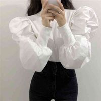 Woman Shirts Spring Korea Ins Chic Retro Bubble Lantern Sleeve Closed Thread Stitching Design Versatile Blouse