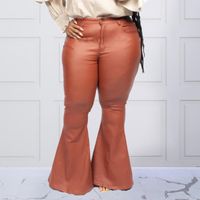Pantalones de talla grande Flare para mujeres marrón cintura alta Long PU Leggings con bolsillos Oficina Lady Otoño Moda Capris