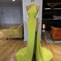 Mermaid Abiye 2021 Işık Çim Yeşil Yüksek Yan Bölünmüş Seksi Uzun Balo Abiye Payetli Parti Elbise