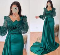 Emerald Green Mermaid Abendkleider mit Flutterzug Robe de Marige V-ausschnitt funkelnde Pailletten lange Ärmel Cocktail Party Frauen Prom Kleider