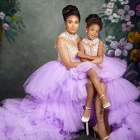 2021 Hohe Kragen Mutter und Tochter Formale Partykleider mit Perlen Spitze Applique Blume Mädchen Kleider Hohe Tiere Pageant Vestidos